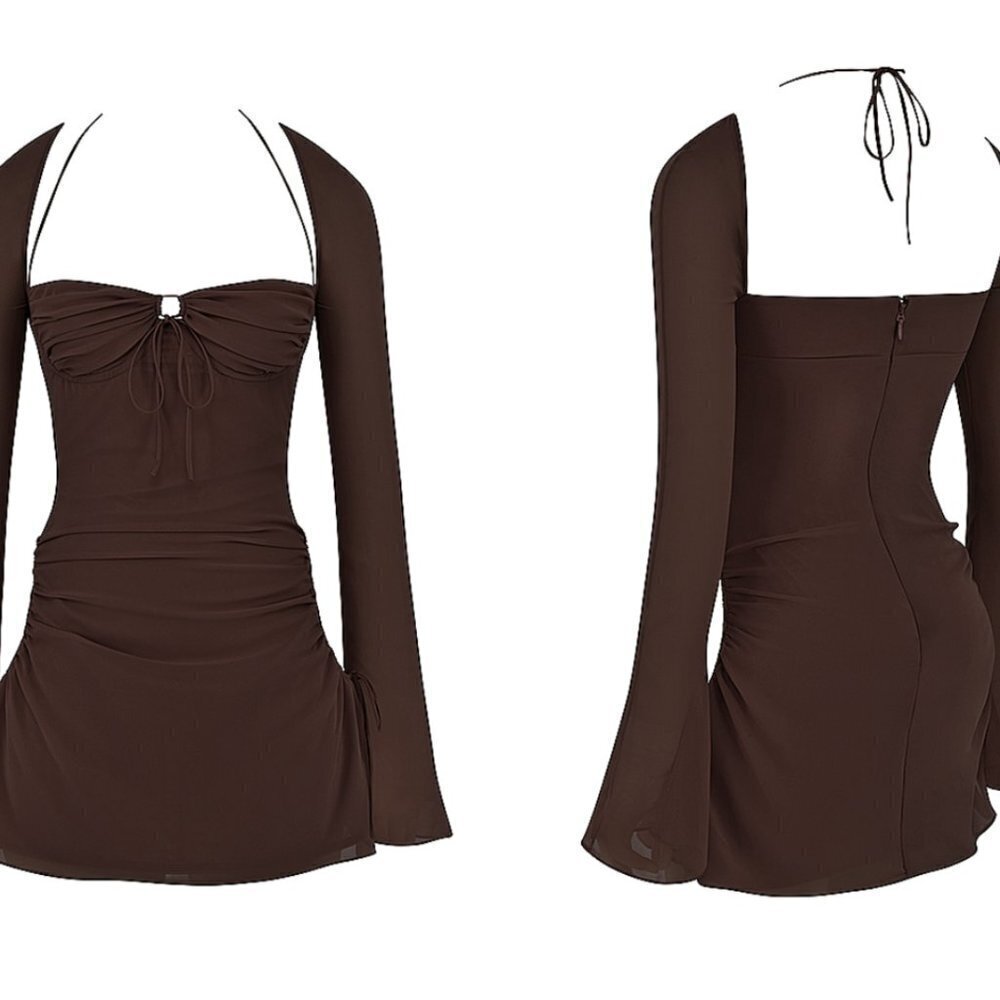 house of cb BABY CHOCOLATE CHIFFON CUTOUT HALTER MINI DRESS - Picture 2 of 10